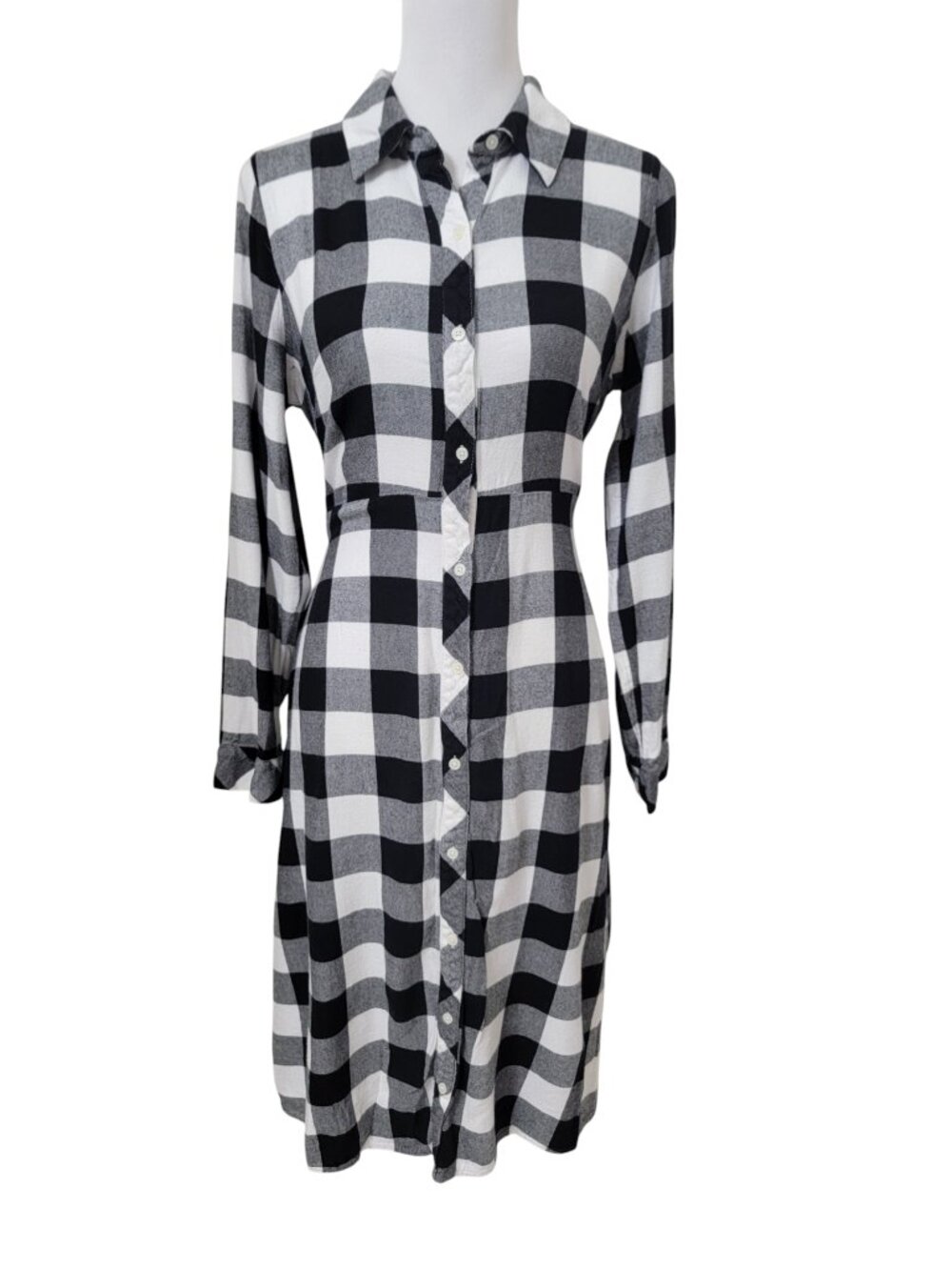 Croft & Barrow Size S Black & White Buffalo Plaid Flannel Shirt Dress